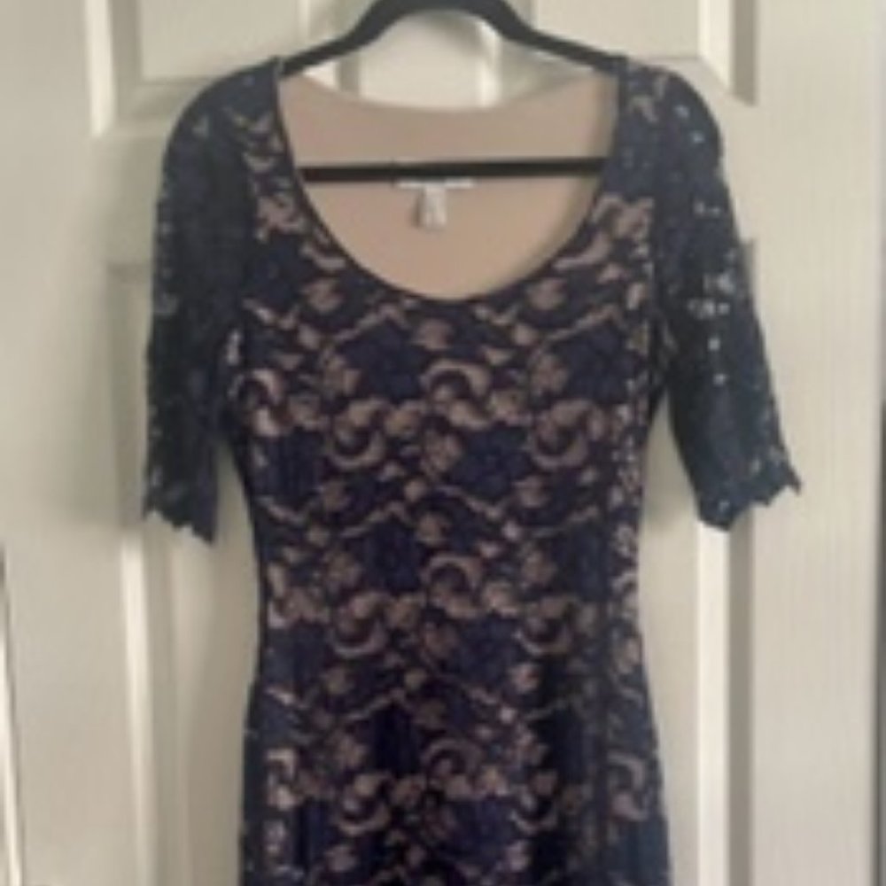 Belle Badgley Mischka Navy Blue/Nude Underlay Floral Sheath Lace Dress Sz 6